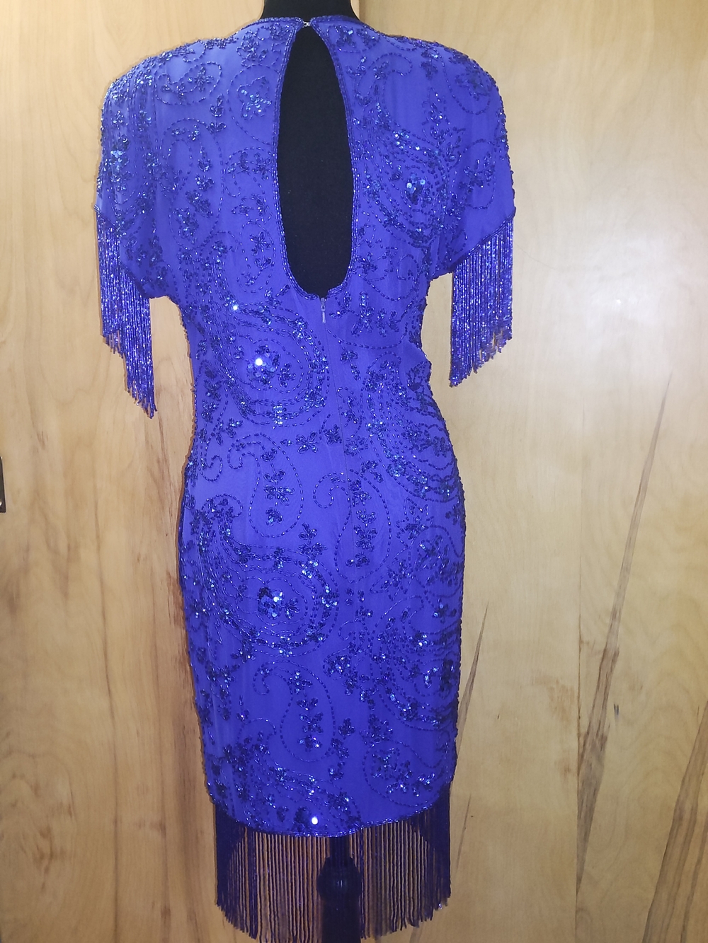 Oleg Cassini Cobalt Beaded Fringe Midi Dress - Picture 2 of 5